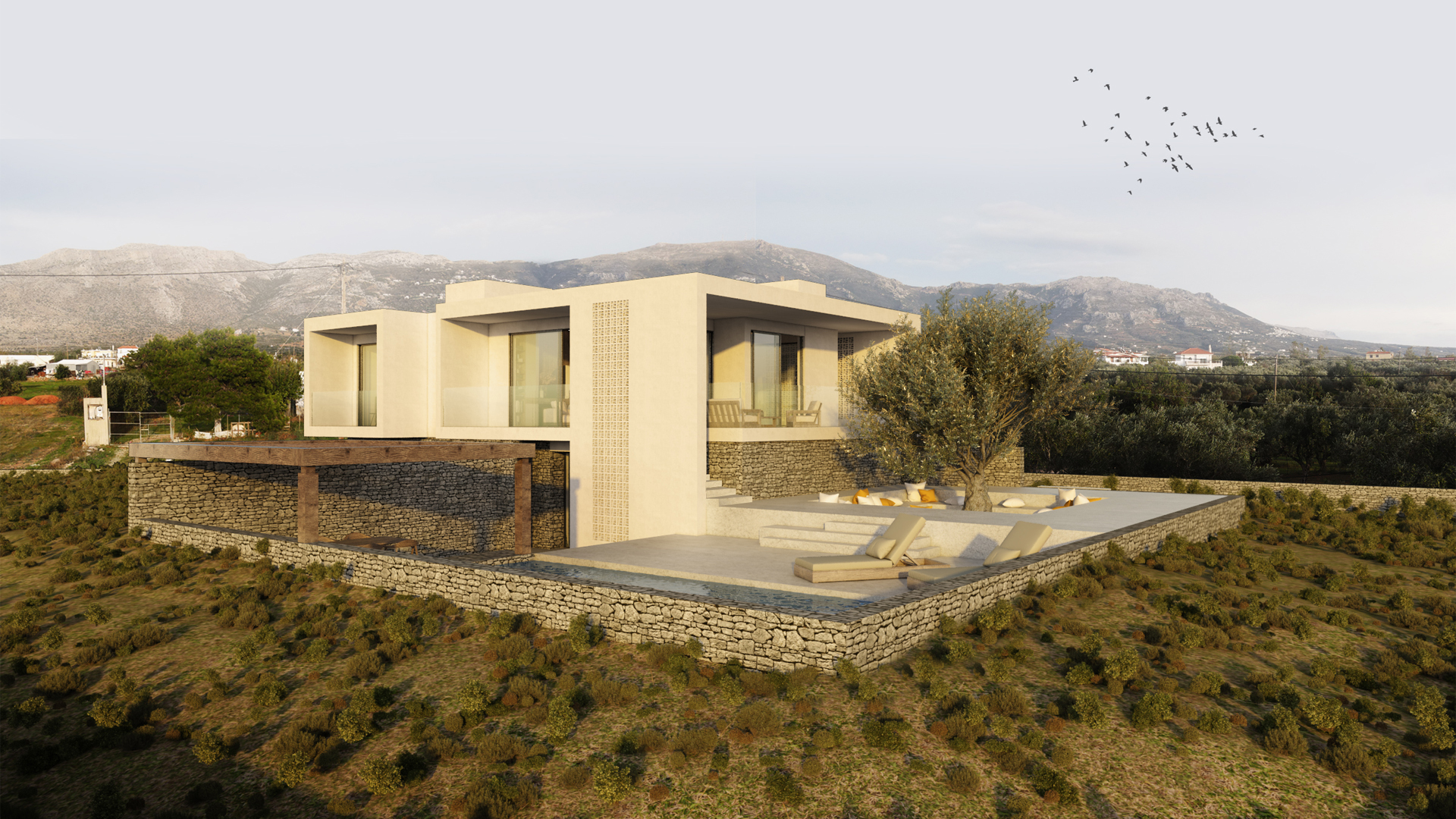 perspective view villa aura residence peloponnese greece the hive architects