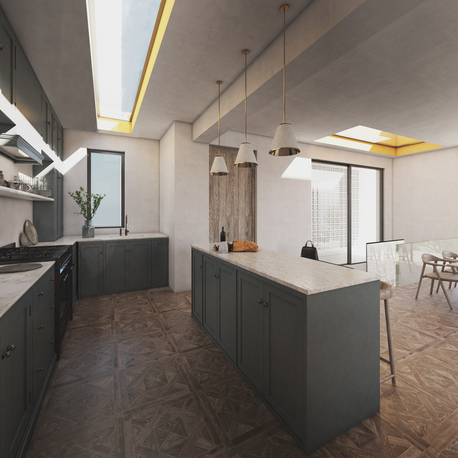 φωτορεαλιστικό render εσωτερική διακόσμηση κουζίνα κατοικία aura πελοπόννησος ελλάδα the hive architects