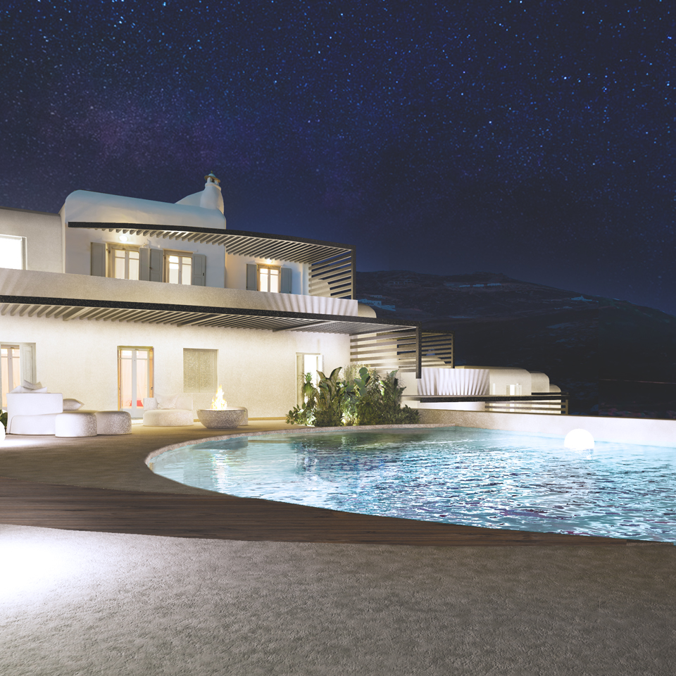 exterior nightview swimming pool iris villas mykonos cyclades greece