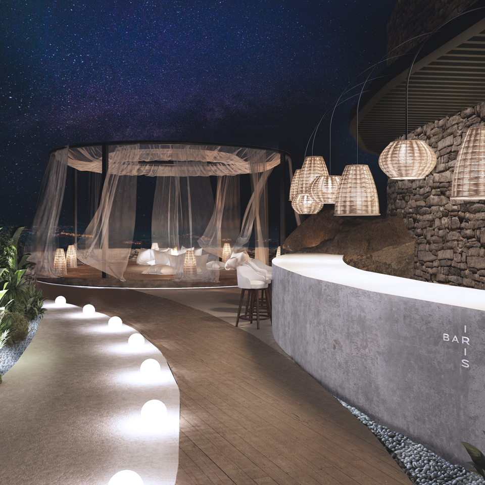 nightview relaxation area stone wood iris villas mykonos cyclades greece