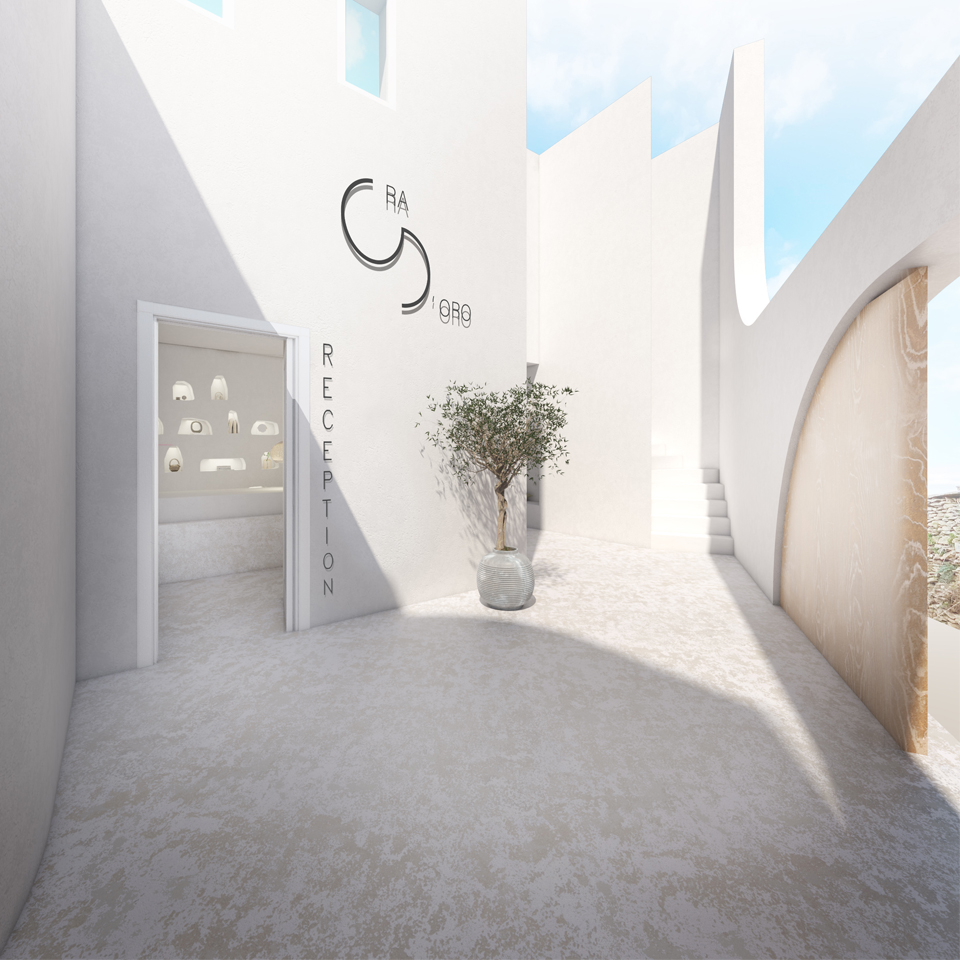 reception entrance minimal white highwall ora d'oro hotel kythnos greece the hive architects