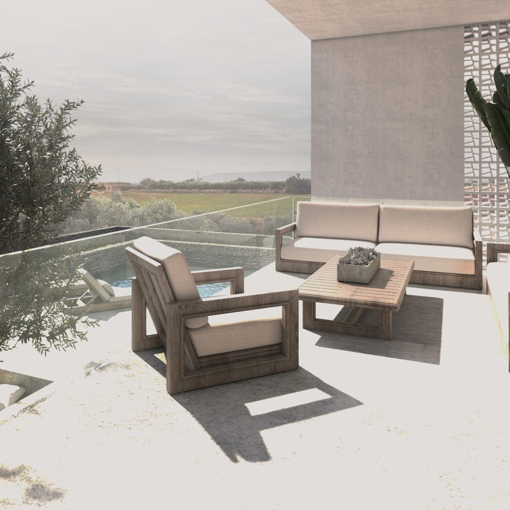 φωτορεαλιστικό render εξωτερικός χώρος χαλάρωση θέα πισίνα κατοικία aura πελοπόννησος ελλάδα the hive architects