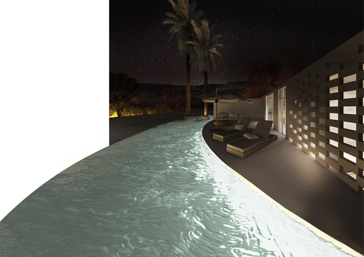 nightview render swimming pool lotos hotel milos greece the hive architects