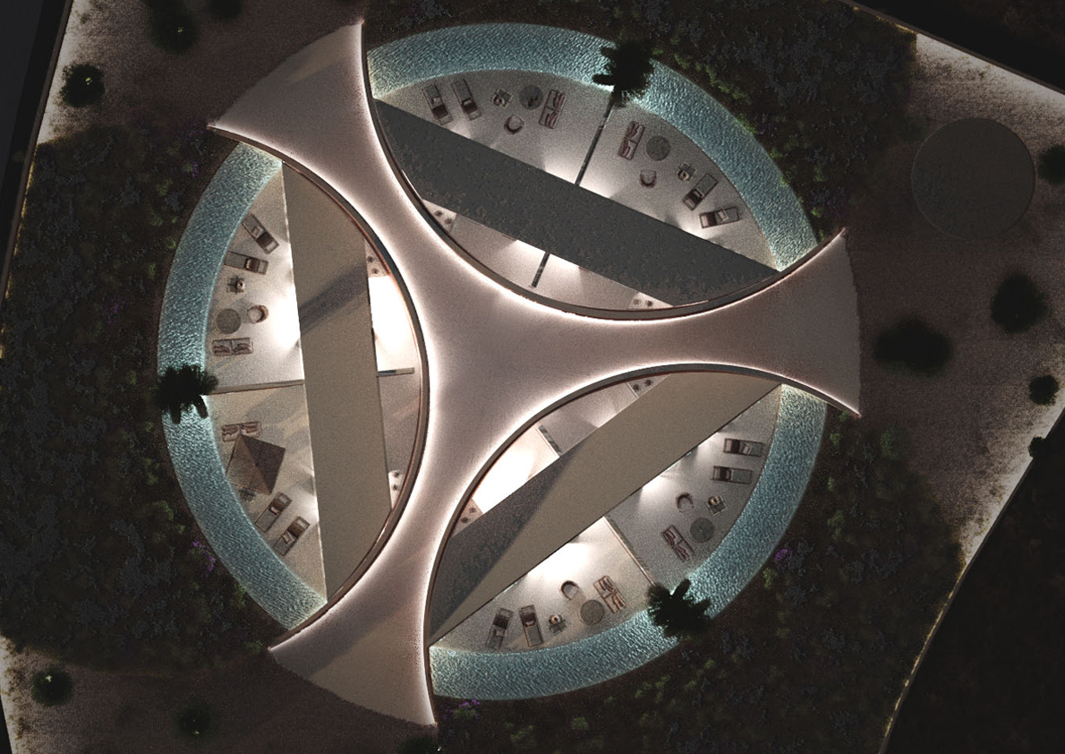 aerial overview geometric pattern lotos hotel milos greece the hive architects