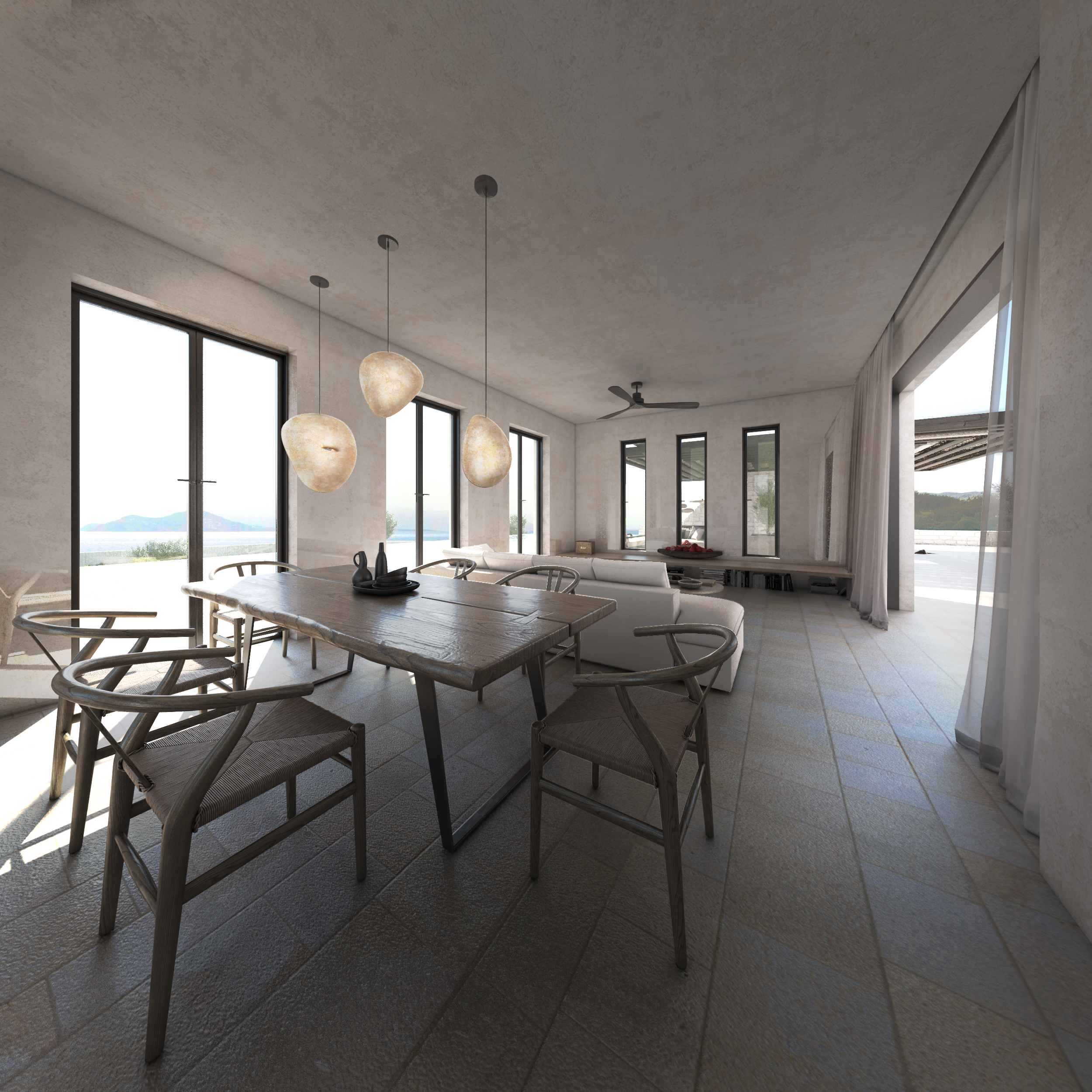 dining area residence wood white paros greece the hive architects