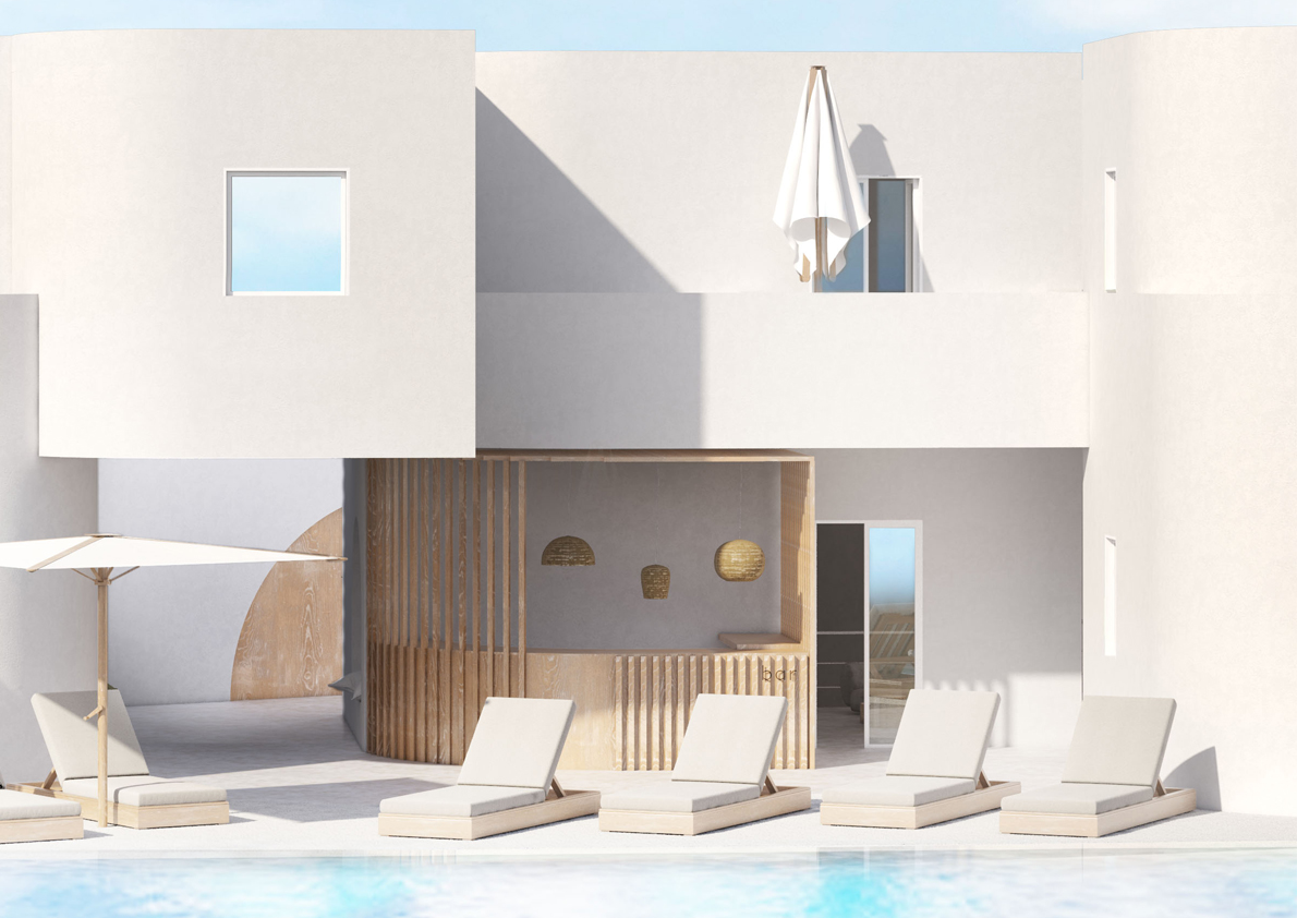 εξωτερικός χώρος ξενοδοχείο λευκό πισίνα χαλάρωση αναψυχή ora d'oro κύθνος ελλάδα the hive architects