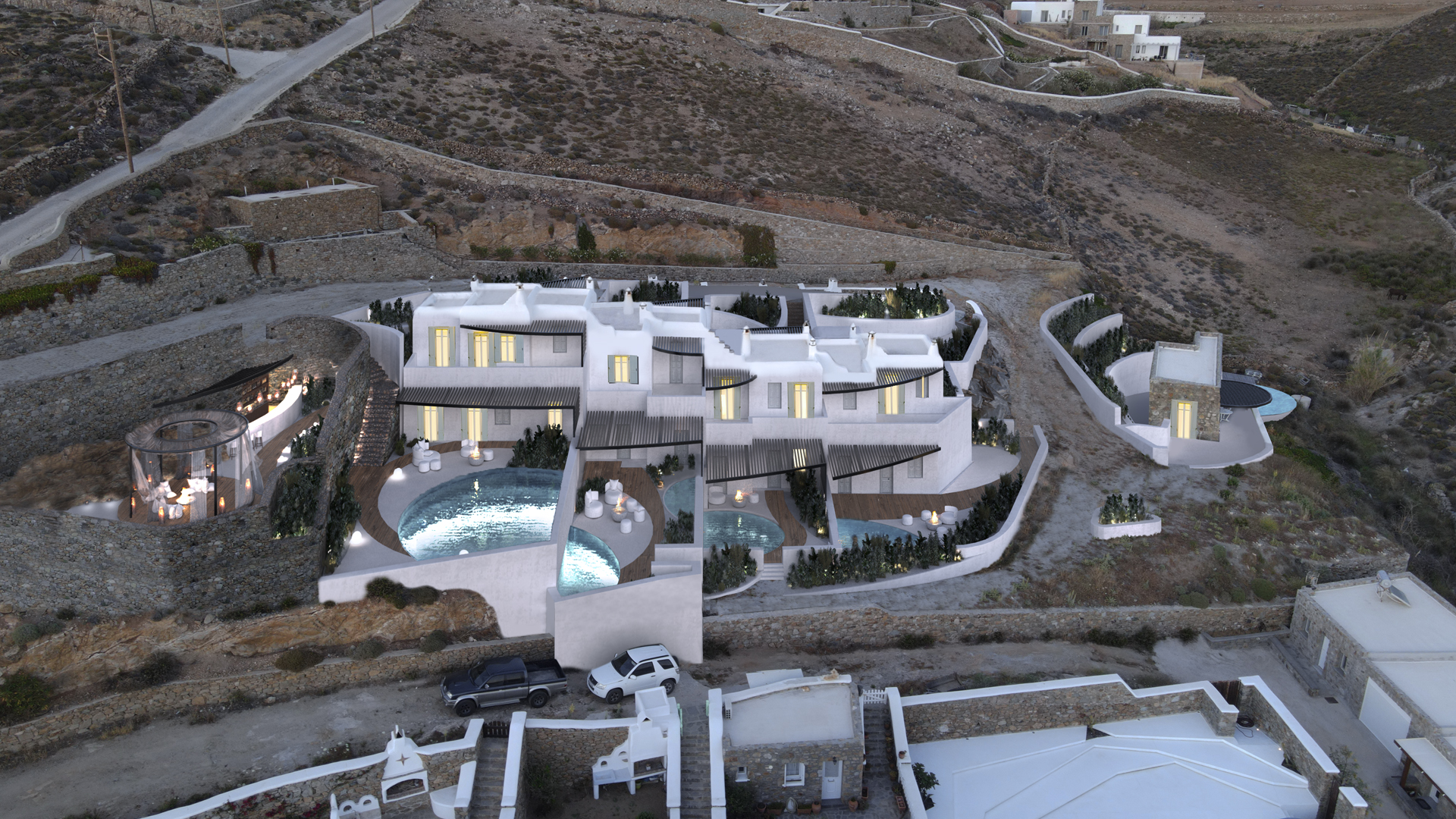 aerial perspective iris villas mykonos cyclades greece