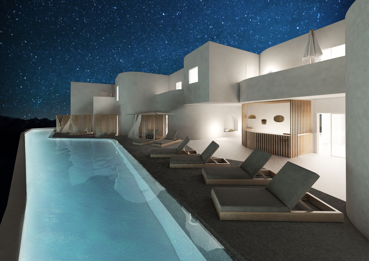 nightview exterior swimming pool ora d'oro hotel kythnos greece the hive architects