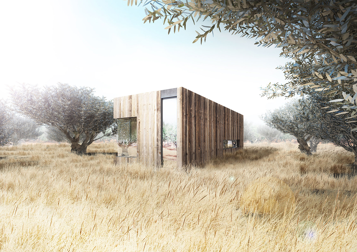 exterior perspective environment box house residence Greece the hive architects