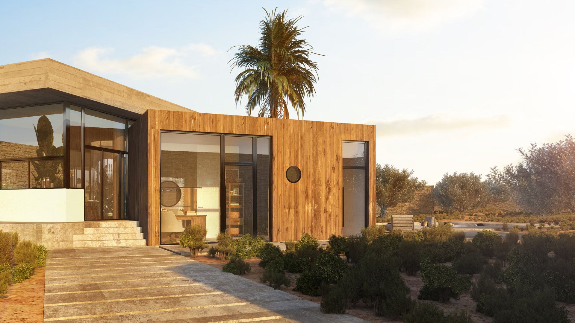 εξωτερική άποψη φωτορεαλιστικό render περιβάλλον πέτρα ξύλο κατοικία pavilion house άρτα ελλάδα the hive architects