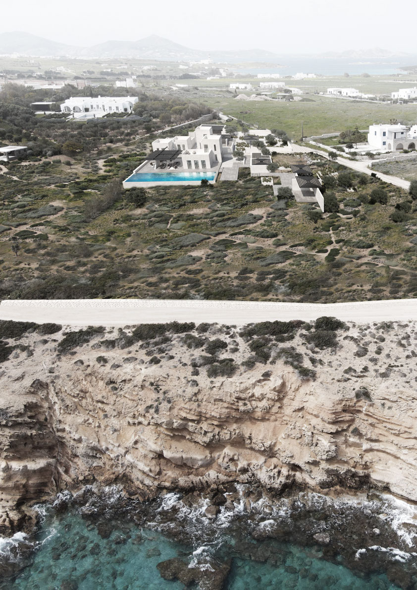 aerial drone view grego residence paros greece the hive architects