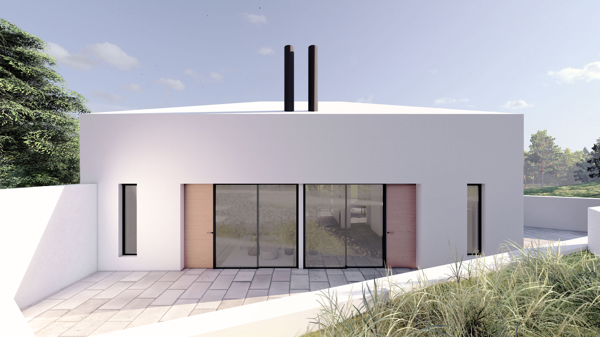 render front view external space patio house arta greece the hive architects