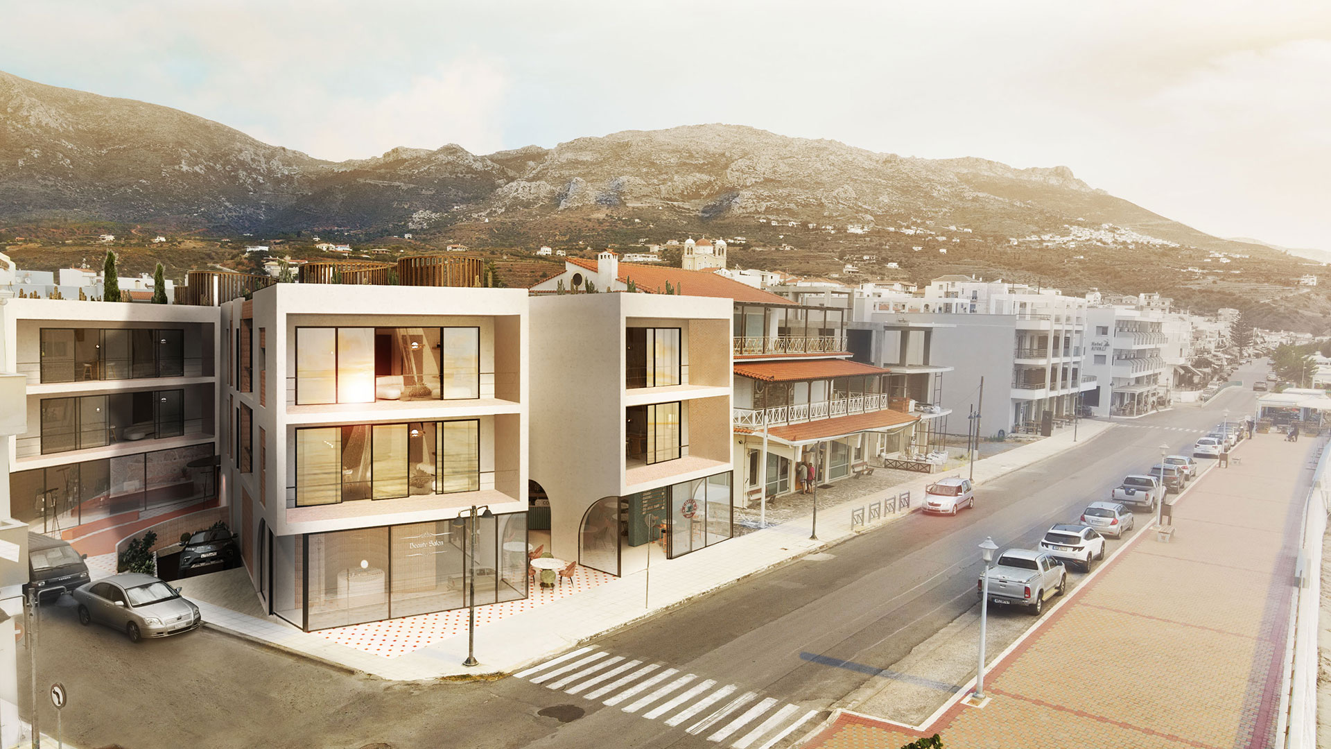 street view render occhiali residence greece the hive architects