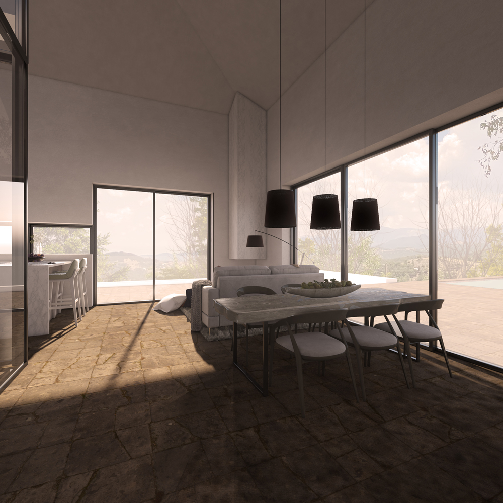 φωτορεαλιστικό render εωτερικός χώρος τραπεζαρία καθιστικό patio house άρτα ελλάδα the hive architects