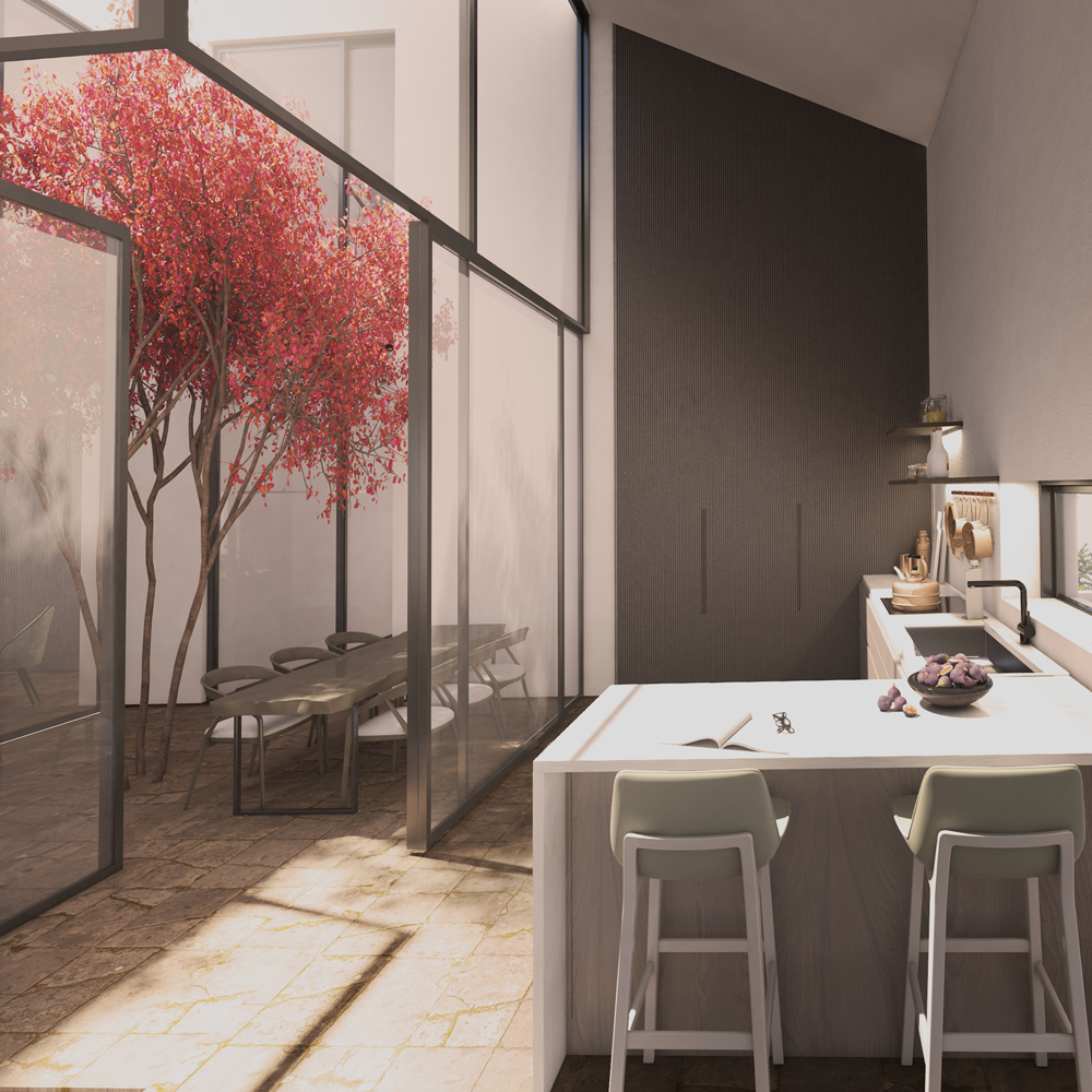 φωτορεαλιστικό render εσωτερικός χώρος κουζίνα τραπεζαρία patio house άρτα ελλάδα the hive architects