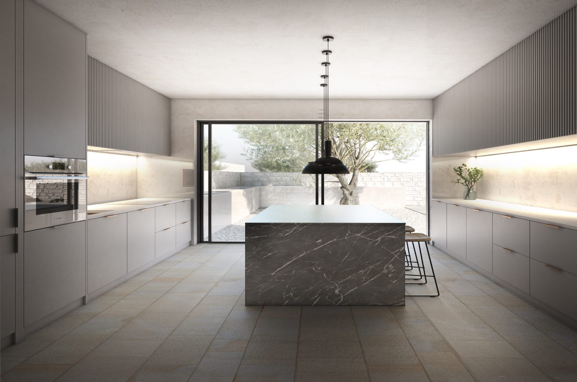 kitchen area residence wood white paros greece the hive architects