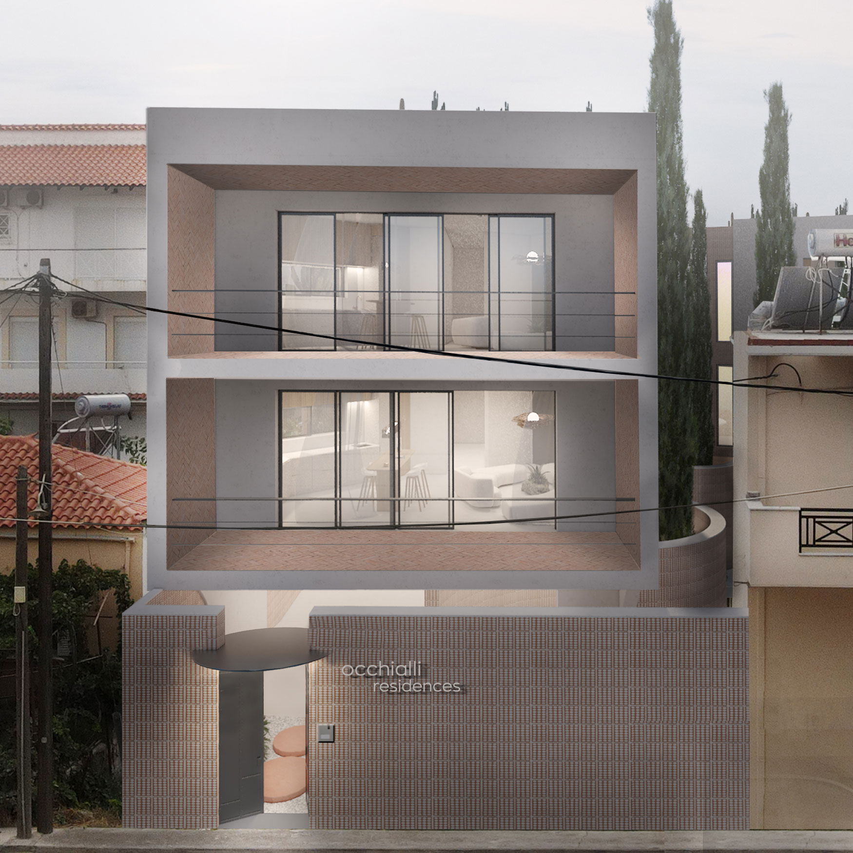 front view render occhiali residence greece the hive architects