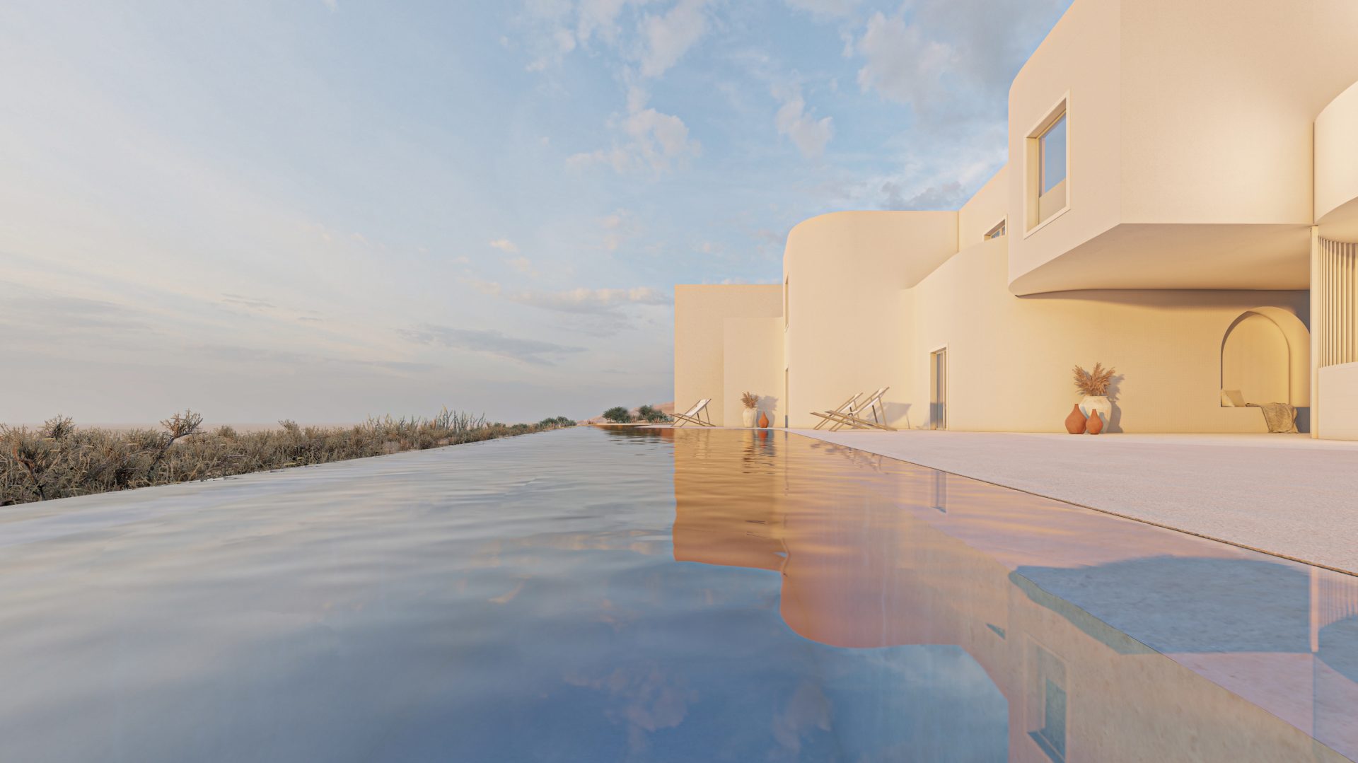 exterior relaxation area swimming pool bar ora d'oro hotel kythnos greece the hive architects