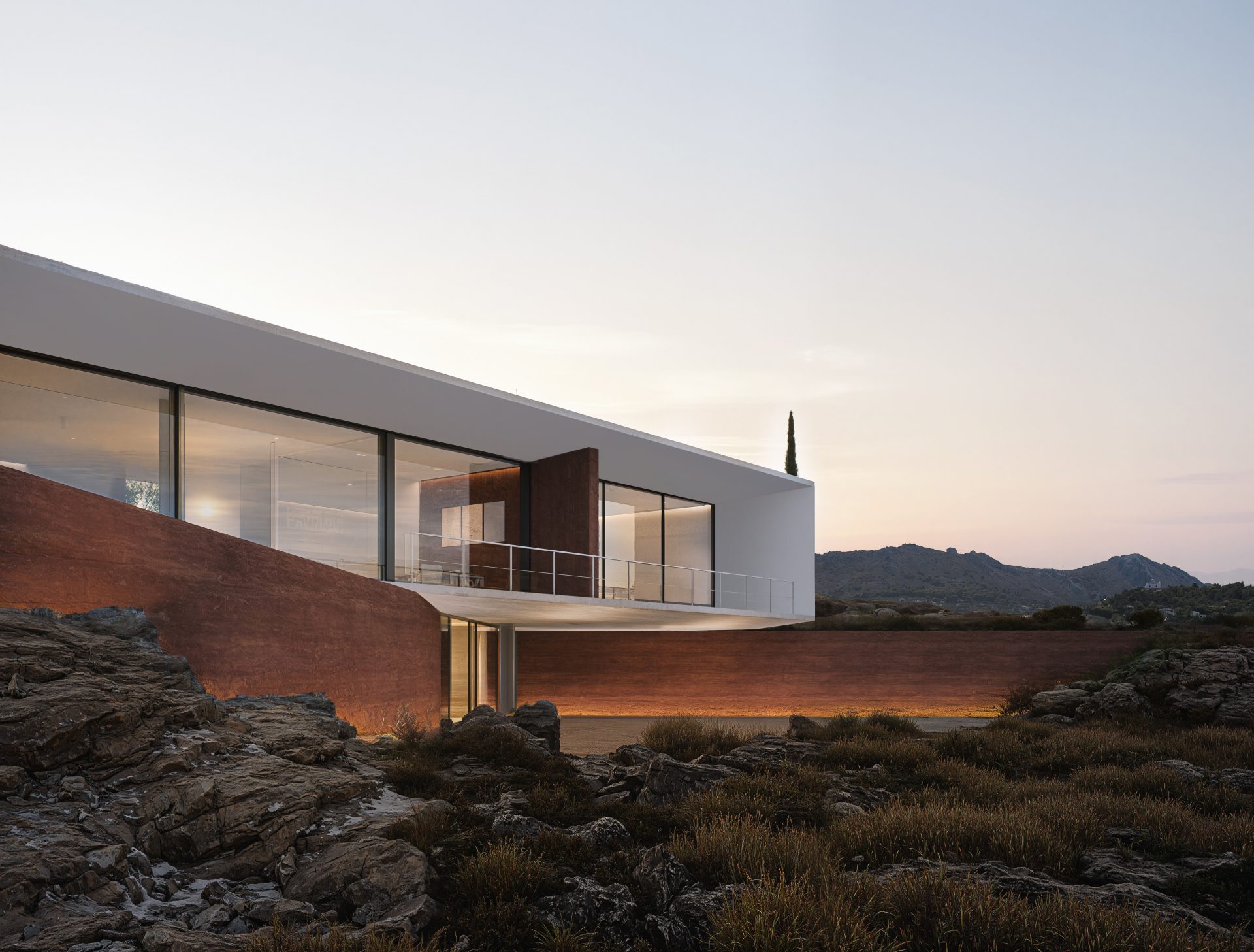 Ovidium House exterior view – Contemporary summer residence by The Hive Architects in the Argosaronic Gulf.