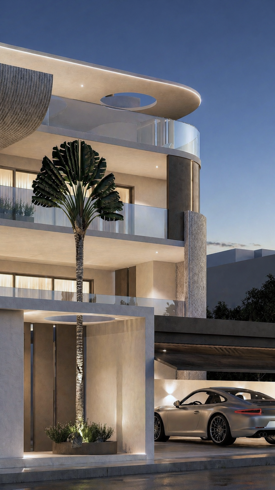 Exterior view of Chiven Residential Architecture showing fluid geometries and curved surfaces