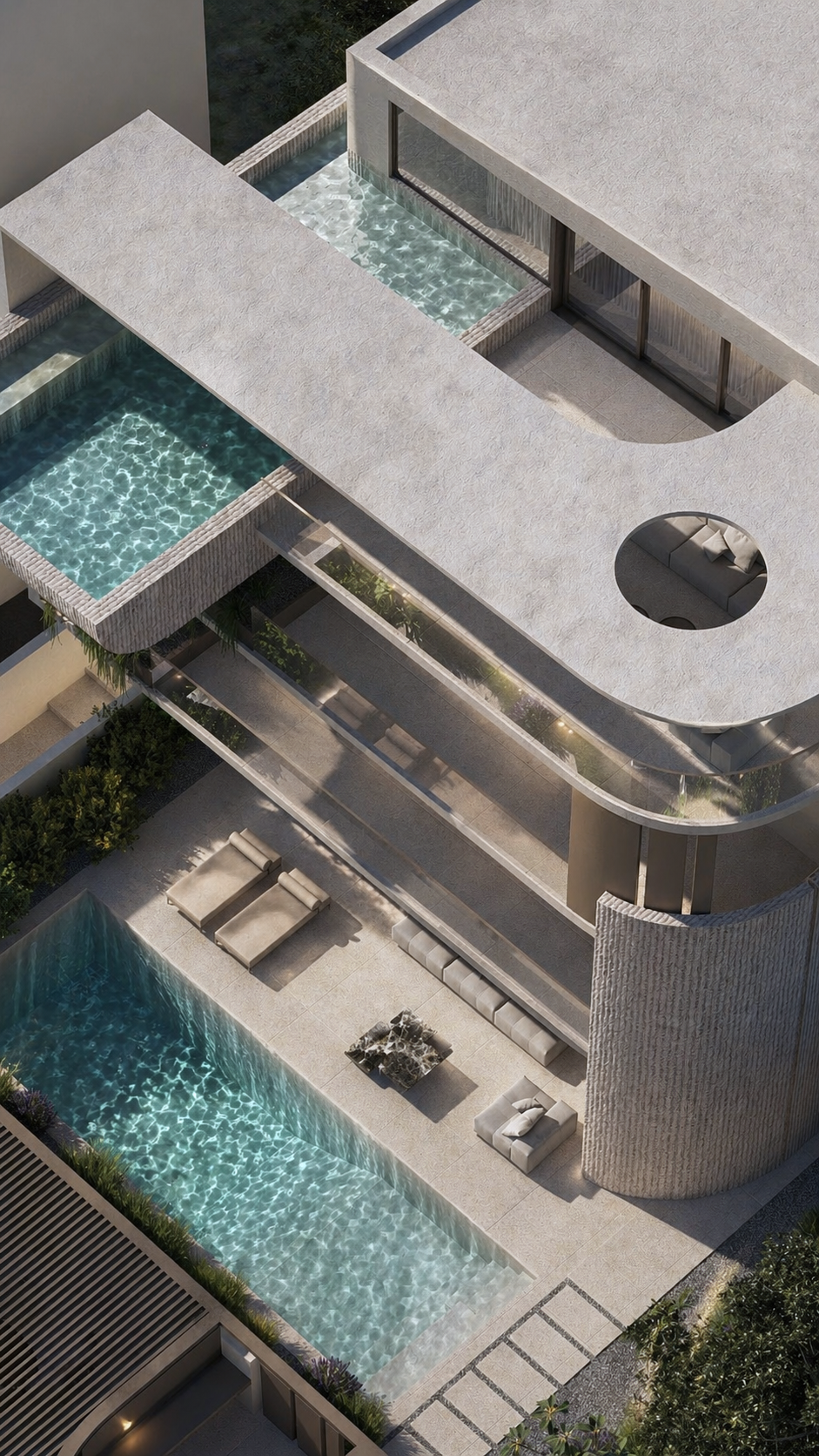 Elevated pool and transparent railings in the Chiven Residential Architecture project.